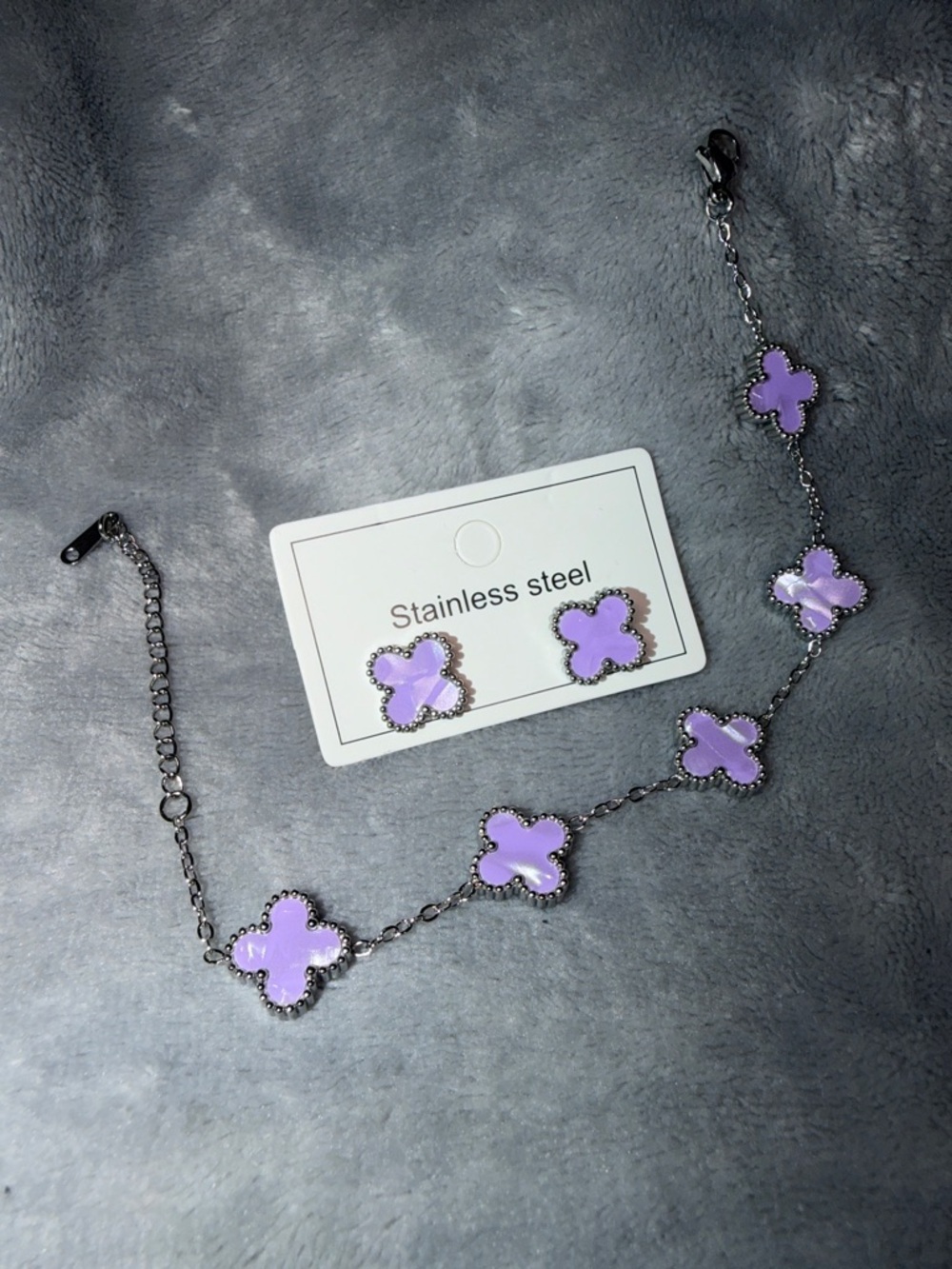 Stainless Steel Lavender Clover Bracelet and Earrings Set